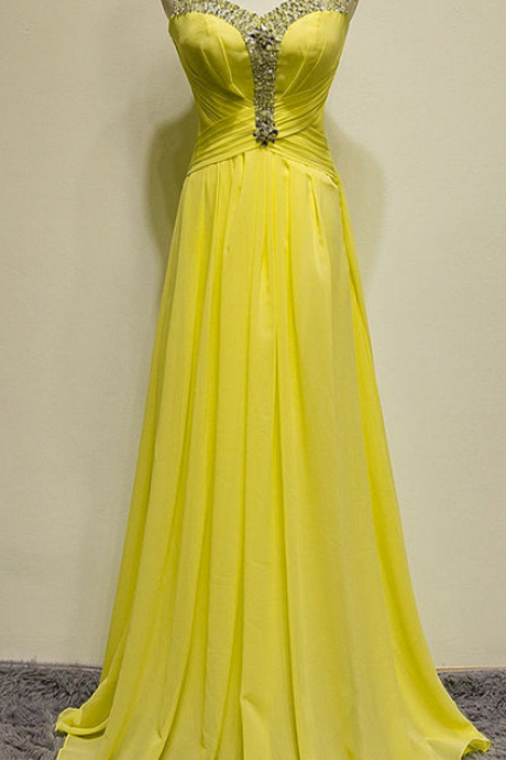 Custom Made Charming Yellow Chiffon Prom Dresses, Beading Prom Dress, Sleeveless Evening