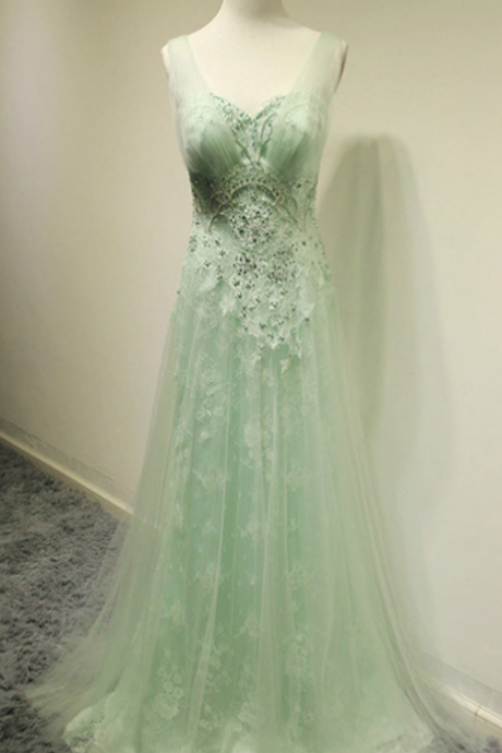 Mint Green Sleeveless Lace Appliqués A-line Long Prom Dress, Evening Dress