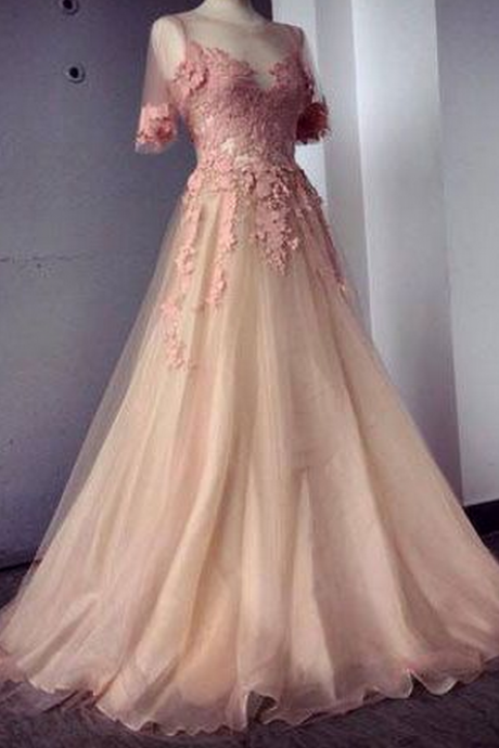 Pink Prom Dresses,Applique Chiffon Prom Dress,Evening Dresses
