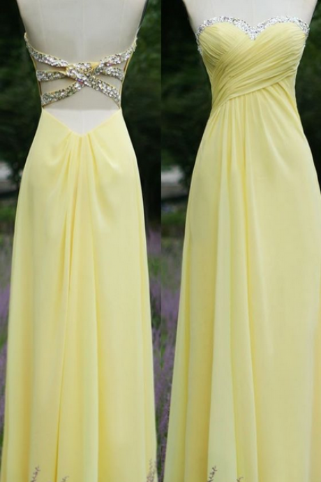 Yellow Long Chiffon Prom Dresses with Crystals Party Dresses