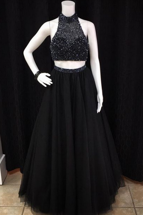Elegant Long Black Prom Dresses Sexy Two Piece Evening Dresses 