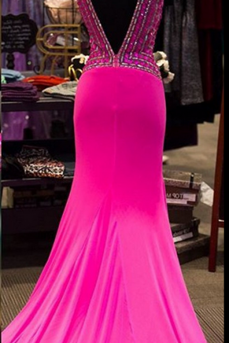 Fuchsia Spandex Prom Dresses Backless Evening Dress Evening Dress