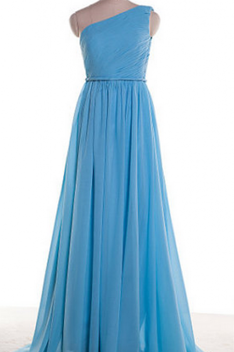 Long Evening Dress,One Shoulder Evening Formal Dresses,Blue Chiffon Evening Gown