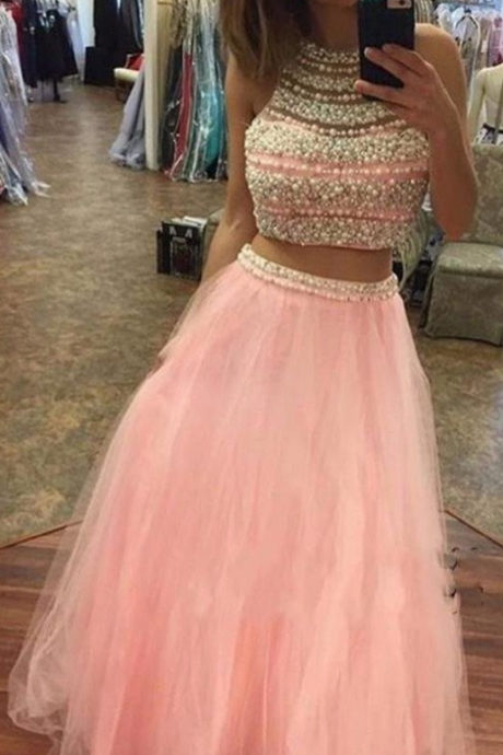 Beautiful Pink Two Pieces Beading Tulle Long Prom Dresses