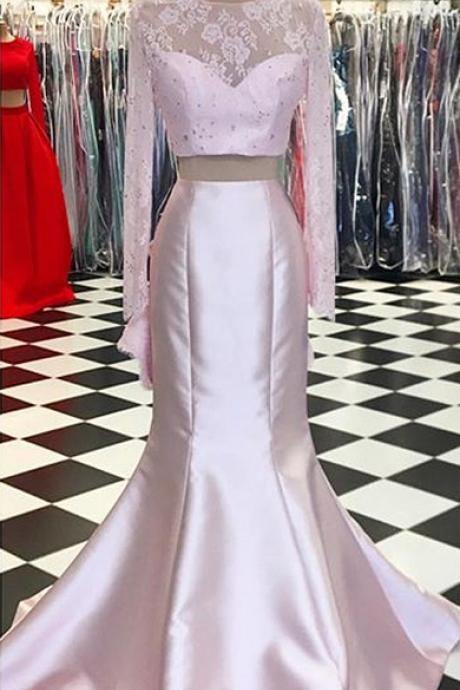Piece Prom Dresses, Pink Evening Dress, Long Sleeve Evening Dress, Lace Evening Dress,
