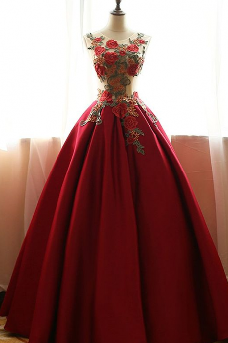 Elegant Burgundy Embroidery Prom Dresses, Lace Evening Dresses, Sheer Bodice Prom Dresses,