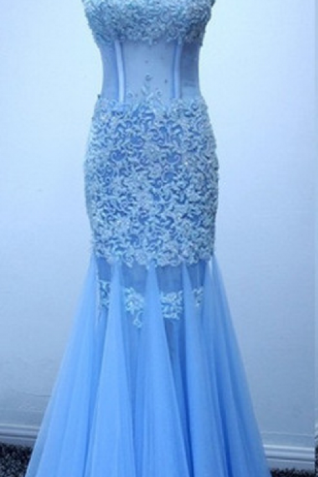 Strapless Sweetheart Sheer Lace Appliqués Mermaid Long Prom Dress, Evening Dress Featuring Lace-up Back