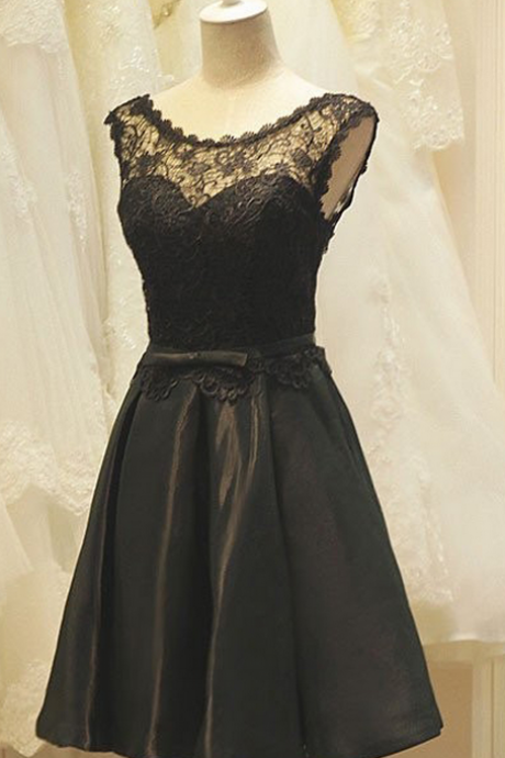 A-Line Crew Neck Black Satin Homecoming Dress with Lace,Short Homecoming Dresses
