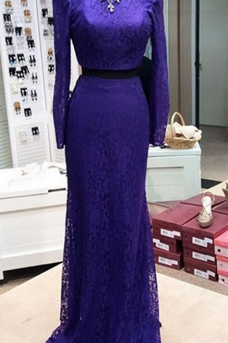 Purple Lace Long Dresses,long Sleeves Two Pieces Evening Dresses