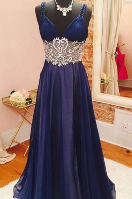 Dark blue chiffon lace beading V-neck long prom dresses, evening dresses