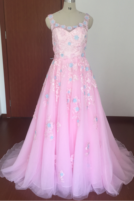 Real Picture Prom Dresses, Pink Prom Dresses, Pink Organza Prom Dresses, Lace Prom Dresses, Hand Made Flowers Prom Dresses