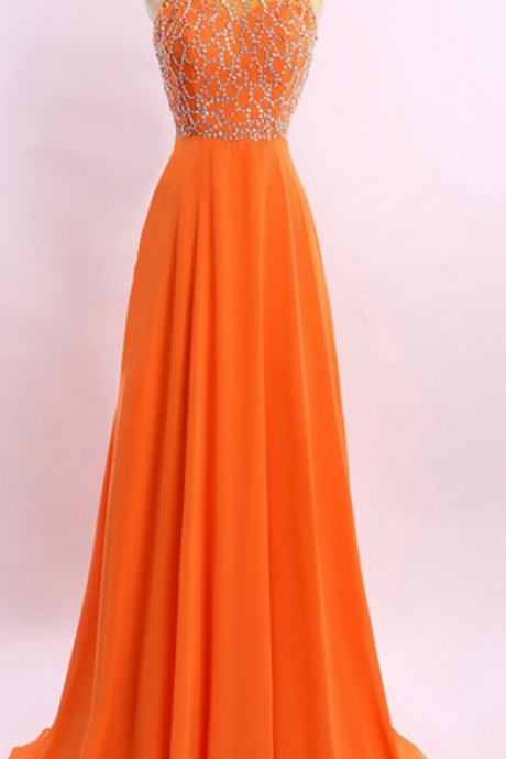 A Line Princess Orange Chiffon Prom Dresses,High Neck Long Prom Dress,See Through Back Beads Evening Dress