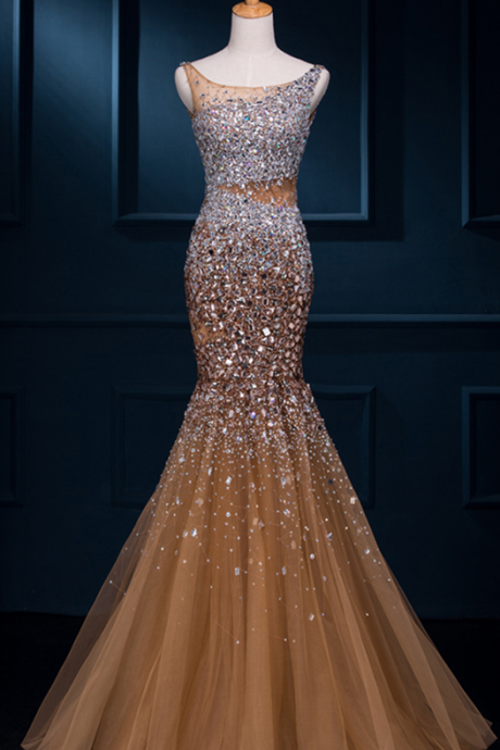 Sequined beaded crystal sexy backless prom dresses mermaid evening gown custom