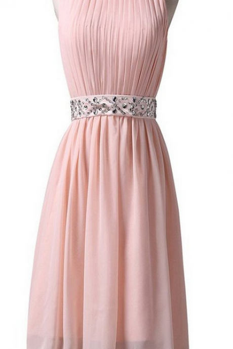 Light Pink Jewel Sleeveless Chiffon Lace Up Back Homecoming Dresses,