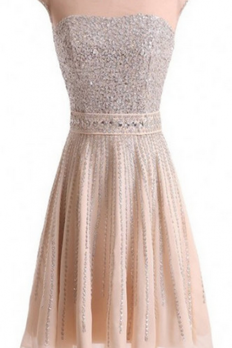 Champagne Scoop Cap-sleeved Beaded Short Homecoming Dress, Cocktail Dress, Party Dress
