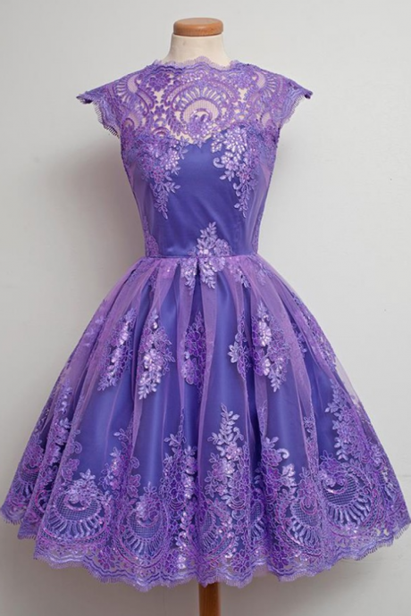 Glamorous A-line Jewel Cap Sleeves Grape Tulle Homecoming Dress With Appliques