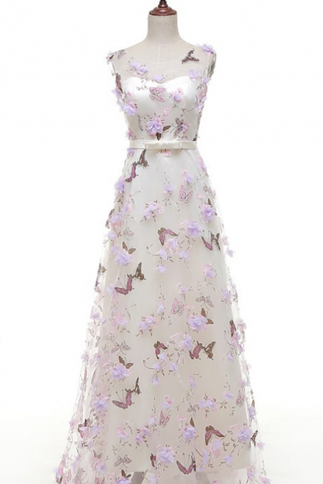 Sleeveless Sheer Floral Appliqués Floor-length A-line Prom Dress, Evening Dress