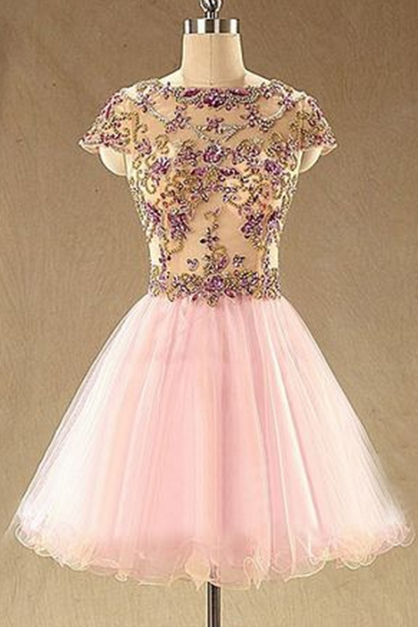 Bateau Cap-sleeved Floral Beaded Tulle Short Homecoming Dress, Cocktail Dress, Party Dress