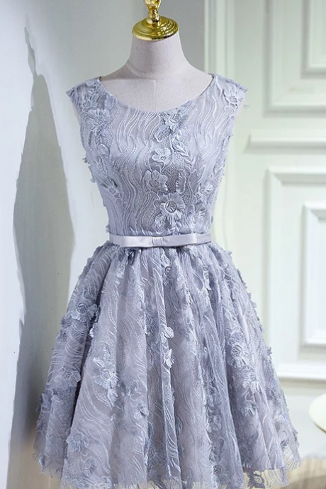Vintage Lace Homecoming Dress,Silver Short Prom Dress,