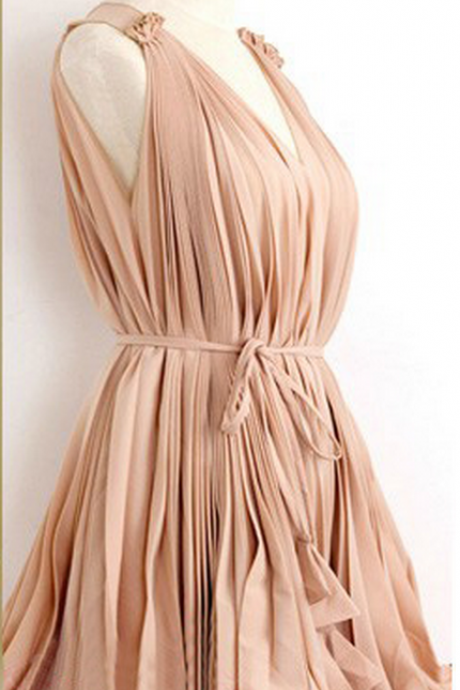 Sweet Elegant Pink Pleated Chiffon Dress--pink