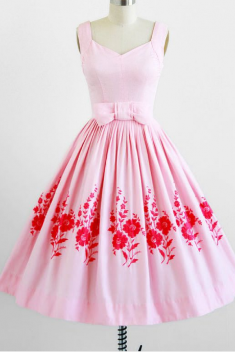 Custom Made Pink Floral Embroidered A-line Short Evening Dress With Ribbon, Homecoming Dress, Cocktail Dresses, Graduation Dresses