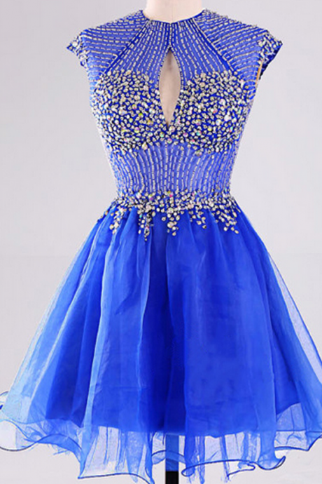 Open Back Prom Dresses With A Sexy Keyhole, Royal Blue Cap Sleeve Short Prom Gowns, High Neck Beaded Homecoming Dress