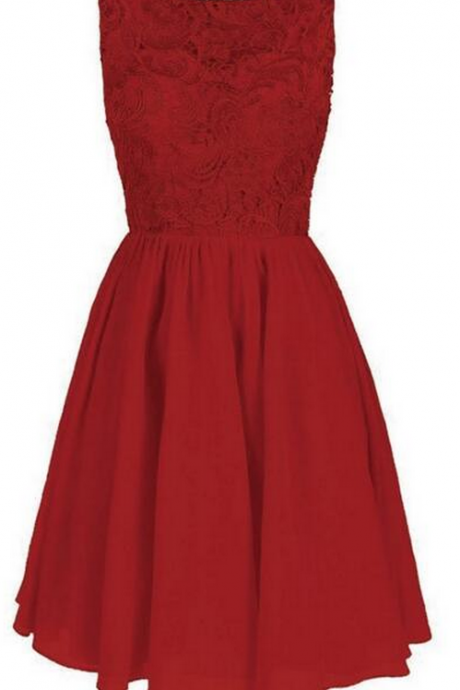 Mini Red Chiffon Homecoming Dresses Scoop Neck Lace Dresses