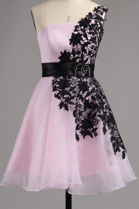 Asymmetric Pink Homecoming Dress with Black Ribbon, One Shoulder Tulle Homecoming Dress,