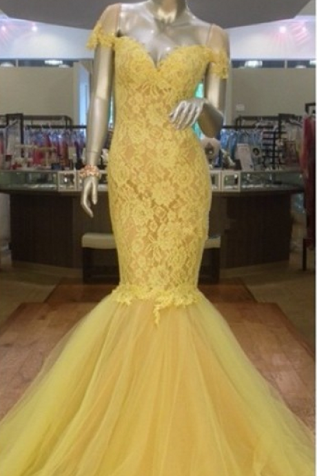 Prom Dress,sexy Prom Dress, Yellow Lace Prom Dresses,vintage Mermaid Yellow Evening,prom Dress