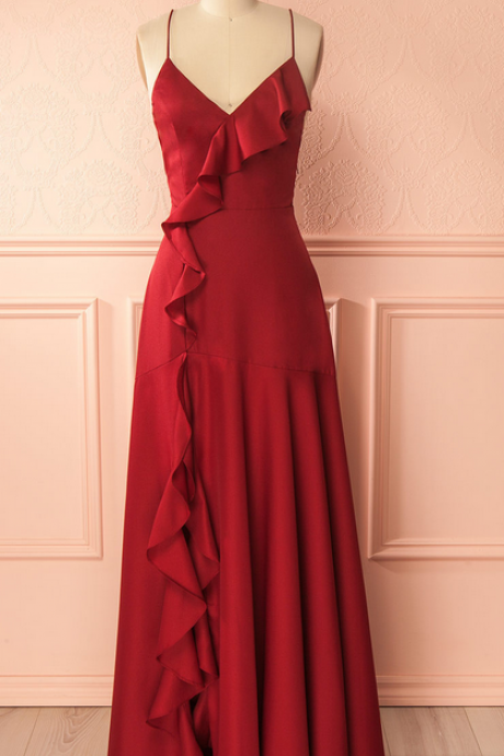 Simple Burgundy V Neck Long Prom Dress,lace Up Back Formal Dress