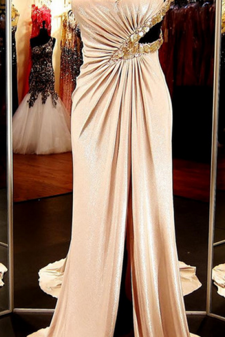 Champagne Prom Dress,One Shoulder Prom Dress,Cheap Prom Gown,Prom Dress