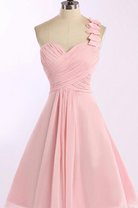 Sweet One Shoulder Pink Homecoming Dresses, Short Chiffon Pink Bridesmaid Dresses, Prom Dresses