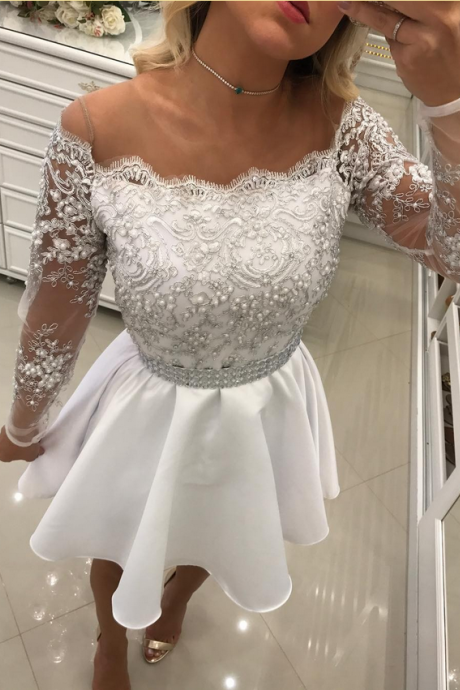 Sexy Lace Applique With Beaded Off Shoulder White Homecoming Dresses,