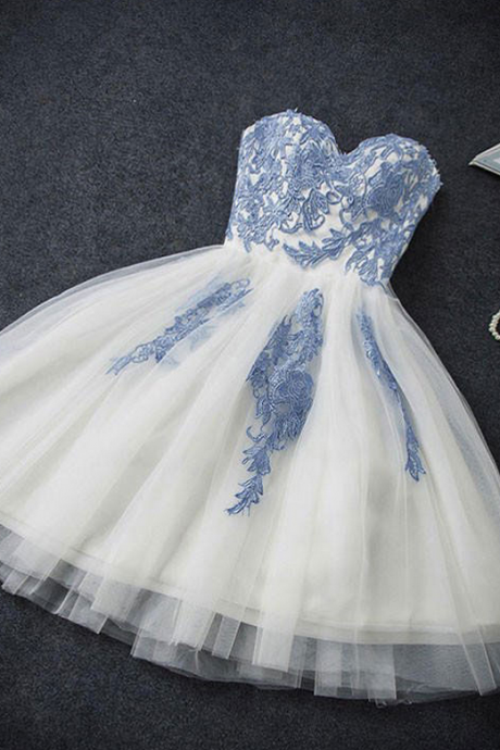 Light Blue Lace Applique And Tull Sweet Style Homecoming Dresses, Short Formal Dresses