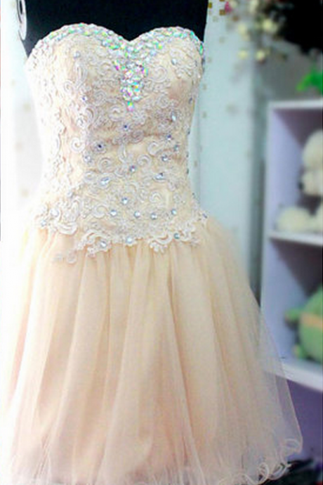 Cute Champagne Tulle Short Prom Dresses, Lovely Lace Bodice Homecming Dresses,
