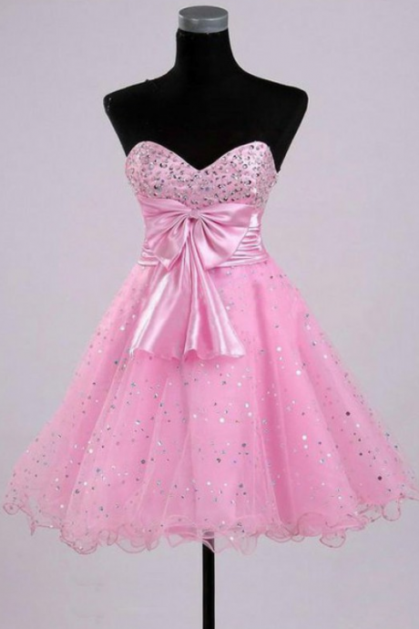 Custom-made Cute Pink Short Ball Gown Prom Dresses With Beadings And Bow, Cute Prom Dresses,