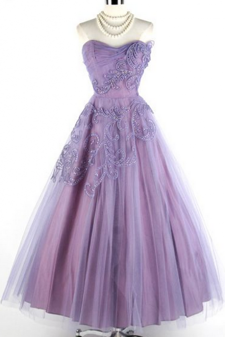 Vintage Prom Dress, Purple Prom Gowns, Beading Crystals Prom Dresses