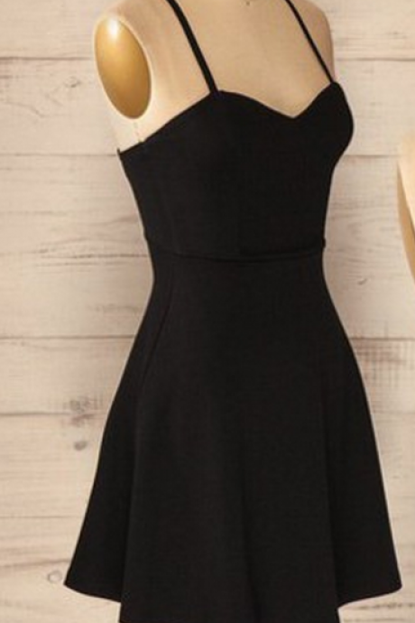 A-line Spaghetti Criss-cross Straps Satin Black Homecoming Dress With Pleats