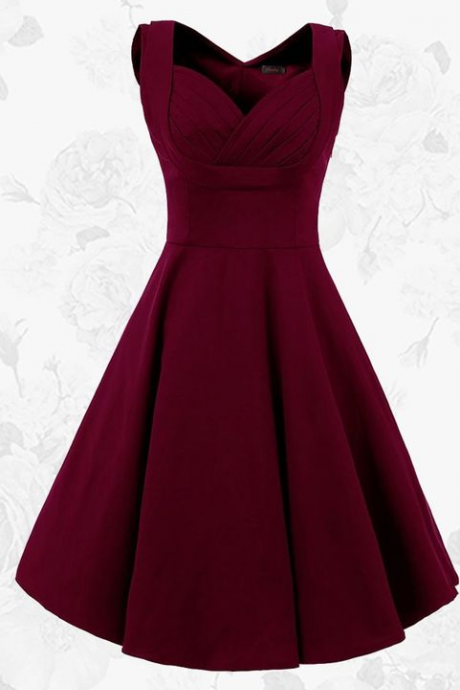 Women Vintage Style Square Neck Knee Length Burgundy Swing Party Dress