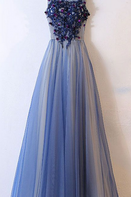 blue tulle round neck long prom dress, tulle evening dress, tulle bridesmaid dress