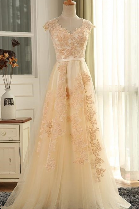Modern Cap Sleeves Sweep Train Apricot Prom Dress with Appliques