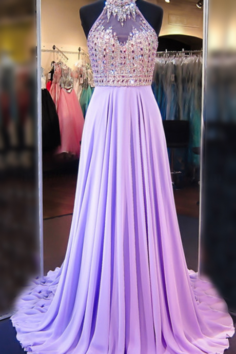 A Line Cowl Neck Sleeveless Long Pleated Beaded Lilac Prom Dress Open Back Prom Dresses