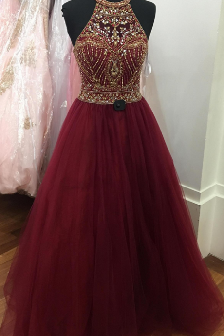Gorgeous Beaded Burgundy Prom Dress, Tulle Halter Pageant Gown