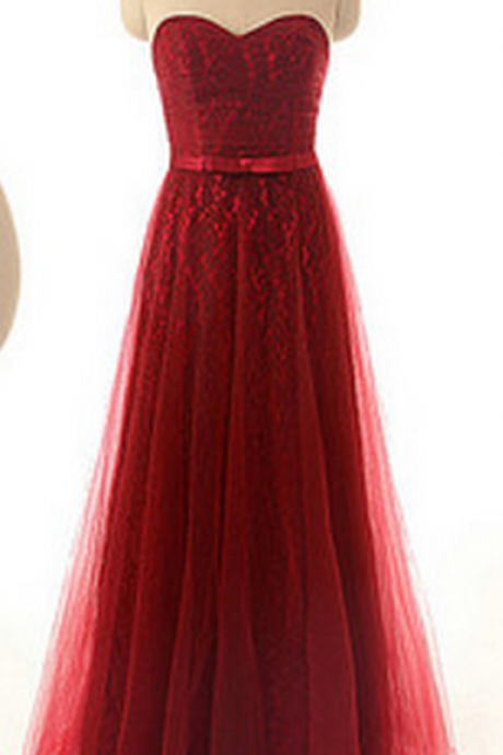 Red Lace Sweetheart Floor Length Tulle A-Line Prom Dress Featuring Bow Accent Belt