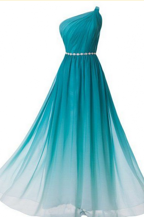 Gradient Floor Length Chiffon Evening Dress Featuring Ruched One Shoulder Bodice With Beaded