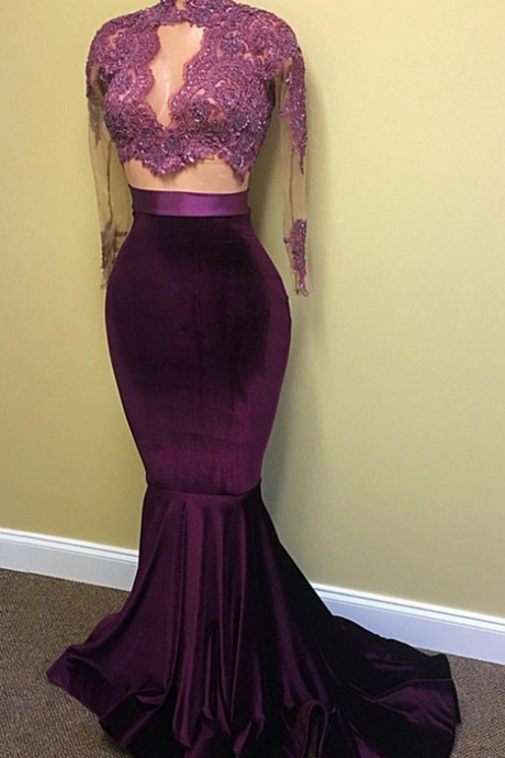 Sexy Velvet Evening Gown High Neck Lace Long Sleeve Prom Dress With Keyhole