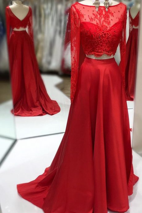 Red Boat Neckline Two Piece Prom Dress, Long Sleeve Formal Gown 