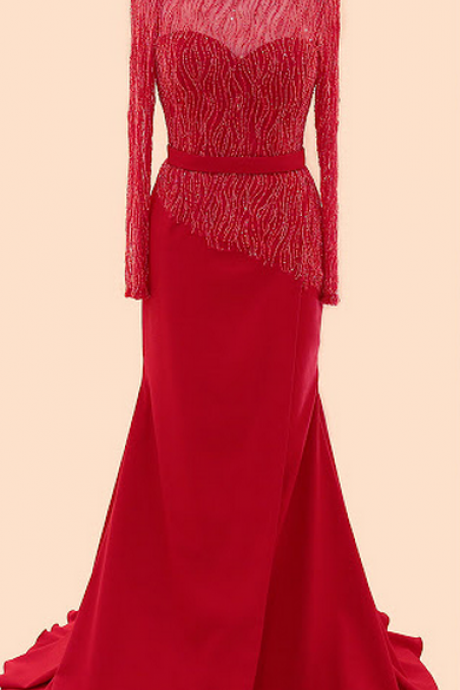 Red Prom Dresses,Charming Prom Dress,Chiffon Prom Dress,Beading Prom Dress,Long-Sleeves Prom Dress 