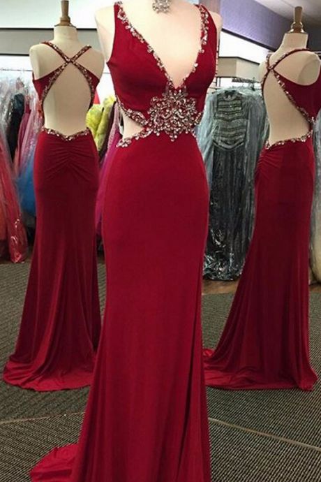 Sexy Prom Dresses,Red Prom Dress,Chiffon Backless Evening Gown,Long Formal Dress,Beaded Prom Gowns,Open Backs Night Club Dresses