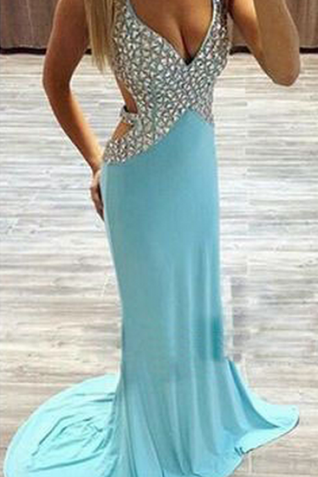 Long prom dress, blue prom dress, v-neck prom dress, sexy prom dress, open back prom dress, modest prom dress, 
